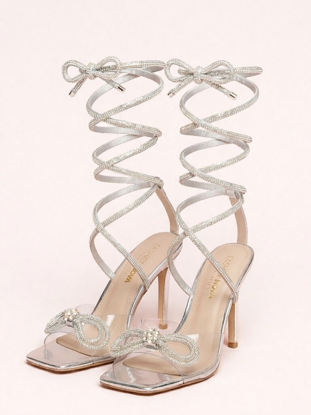 NWT Fashion Nova Silver Rhinestone Lace-Up Heels